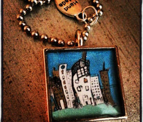 SquirrelSix resin art pendant with ball chain silver frame abstract original art city drawing