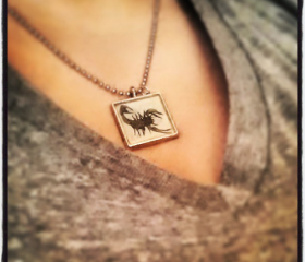 SquirrelSix resin art pendant with ball chain silver frame abstract scorpion